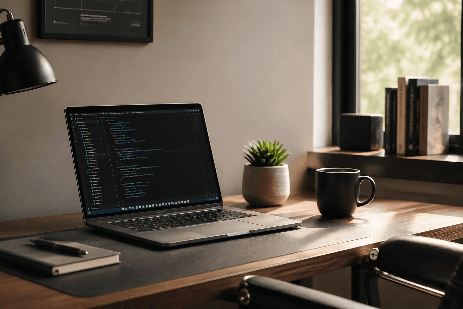 A tidy solo home-office desk setup with a laptop, representing Vestibl's one-person, hands-on build process