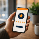 A phone displaying a five-star customer review