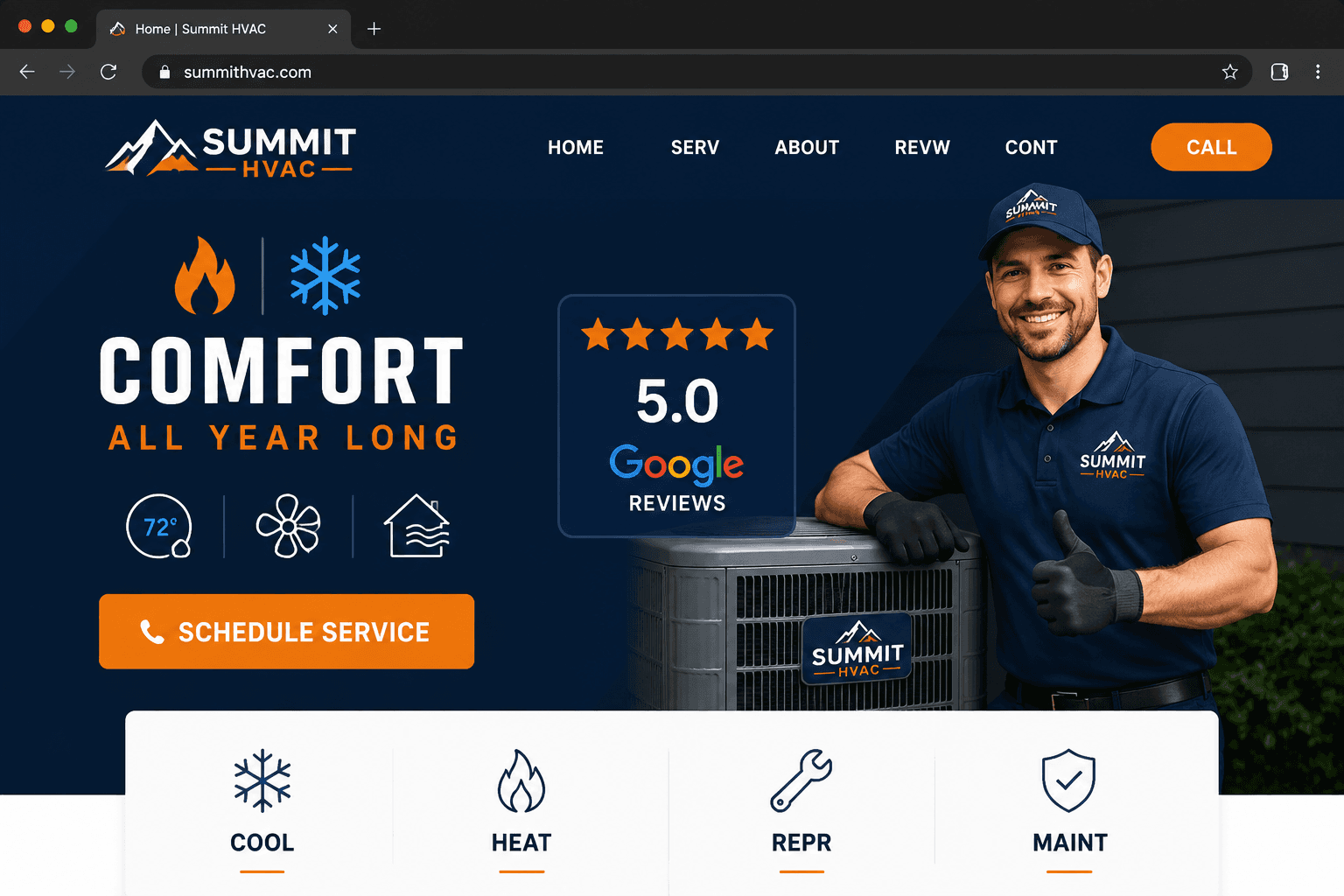 Modern Vestibl-style website mockup: Sample Project: HVAC Contractor