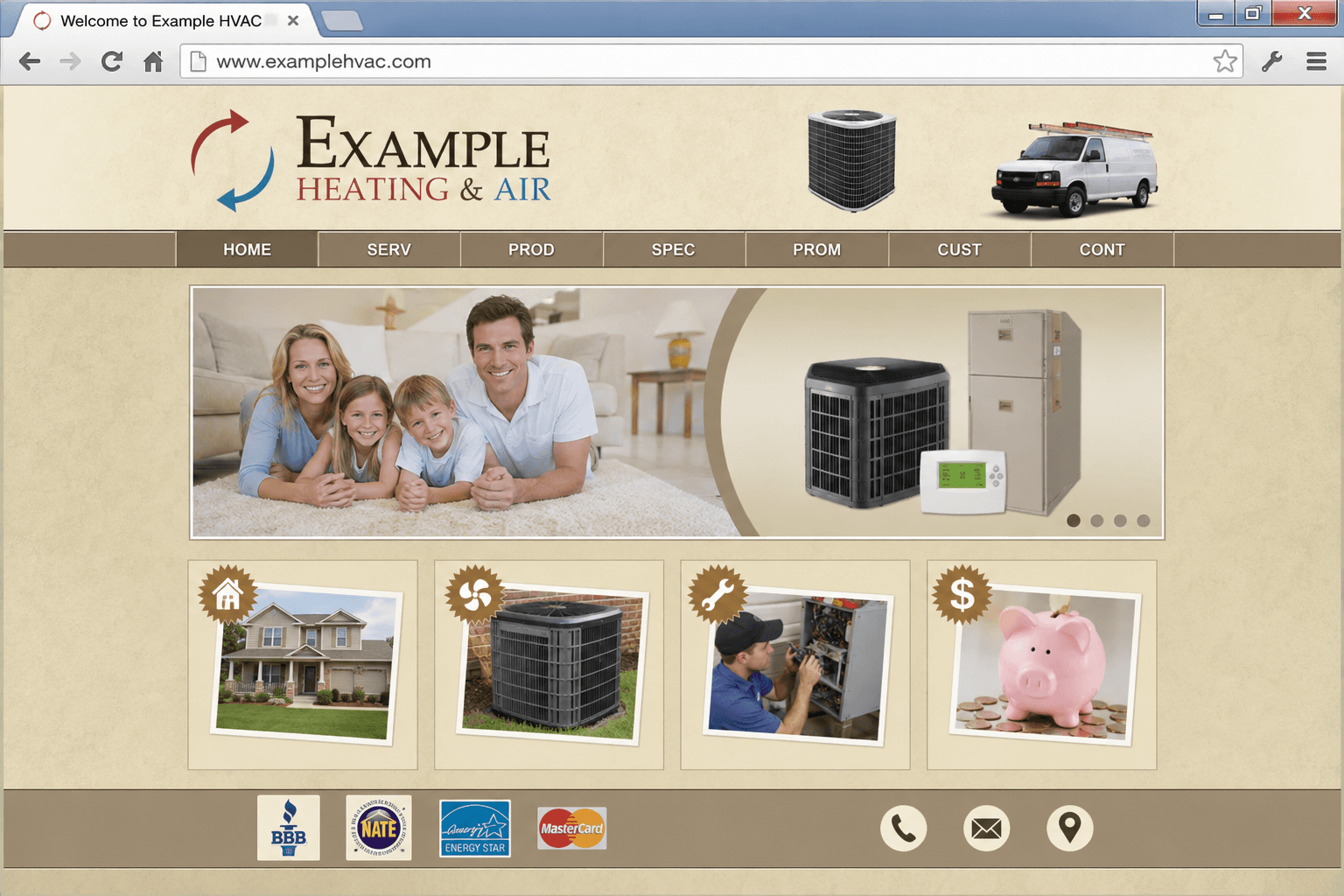 Dated, outdated-style website mockup: Sample Project: HVAC Contractor